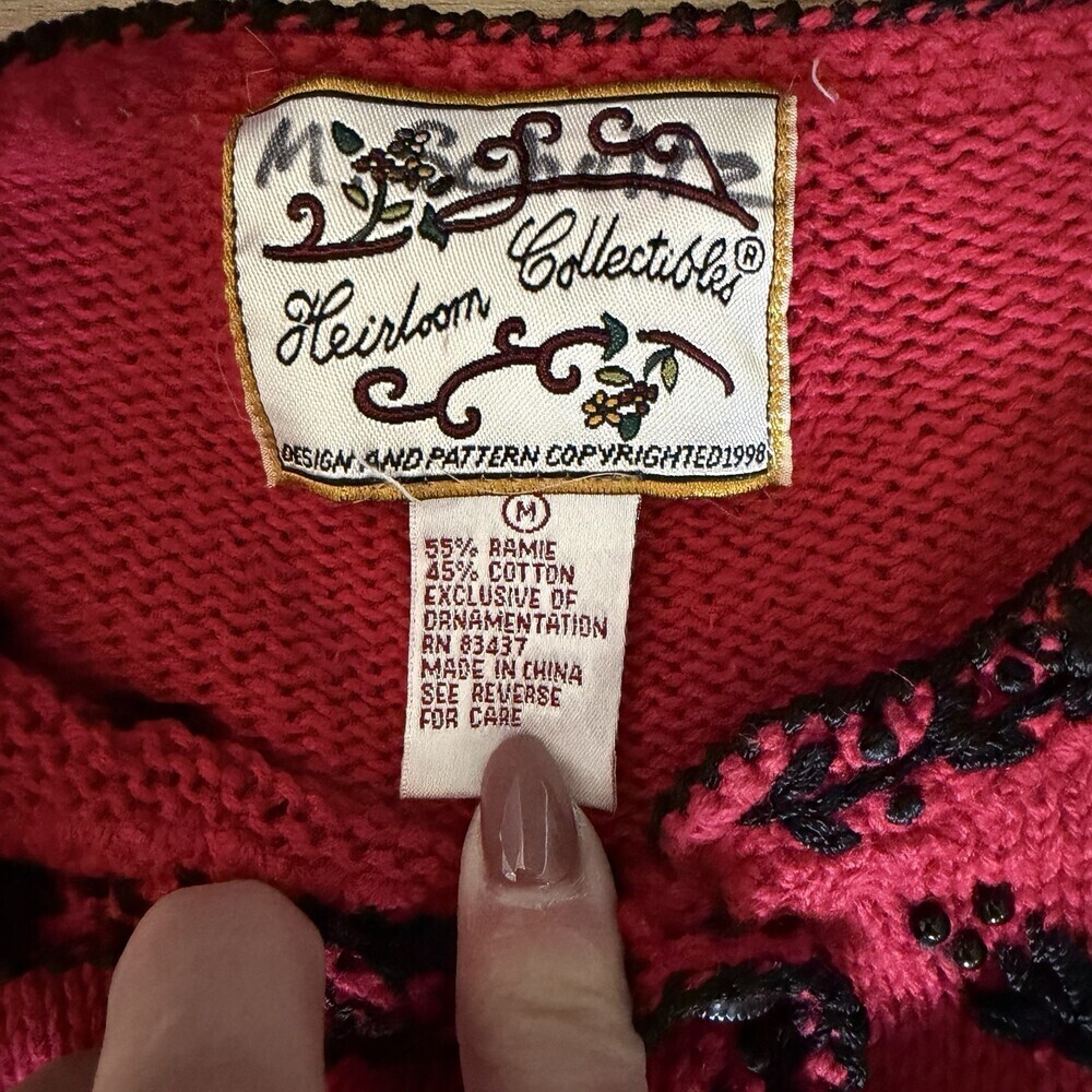 Vintage Style Red Beaded Floral Cardigan Heirloom Collectibles M - Picture 3 of 12